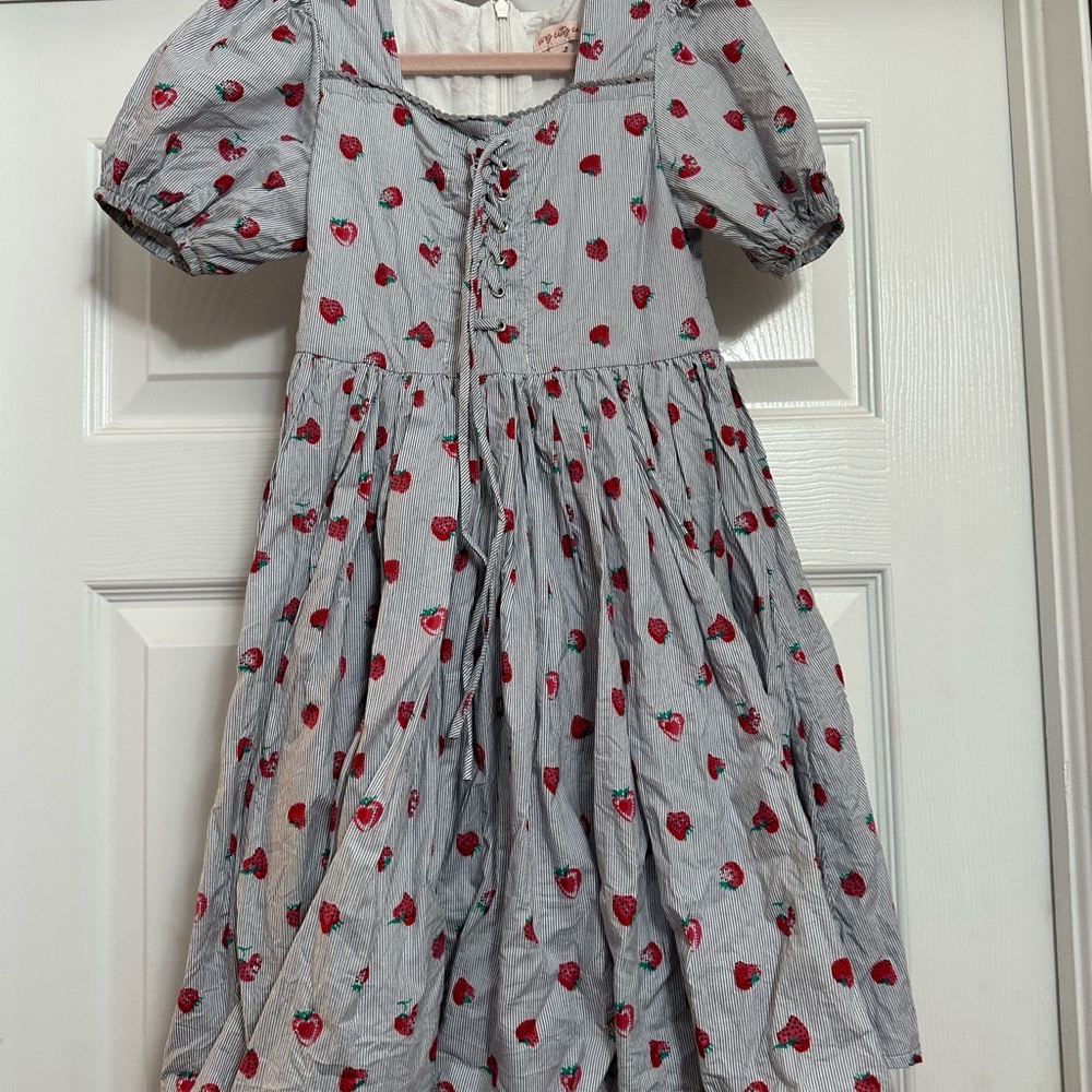 Ivy City Co mini Thea Light Blue Dress with Red Strawberry Print